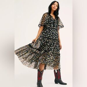 NWT Free People Practical Magic Black Mesh Floral Midi Dress size XS